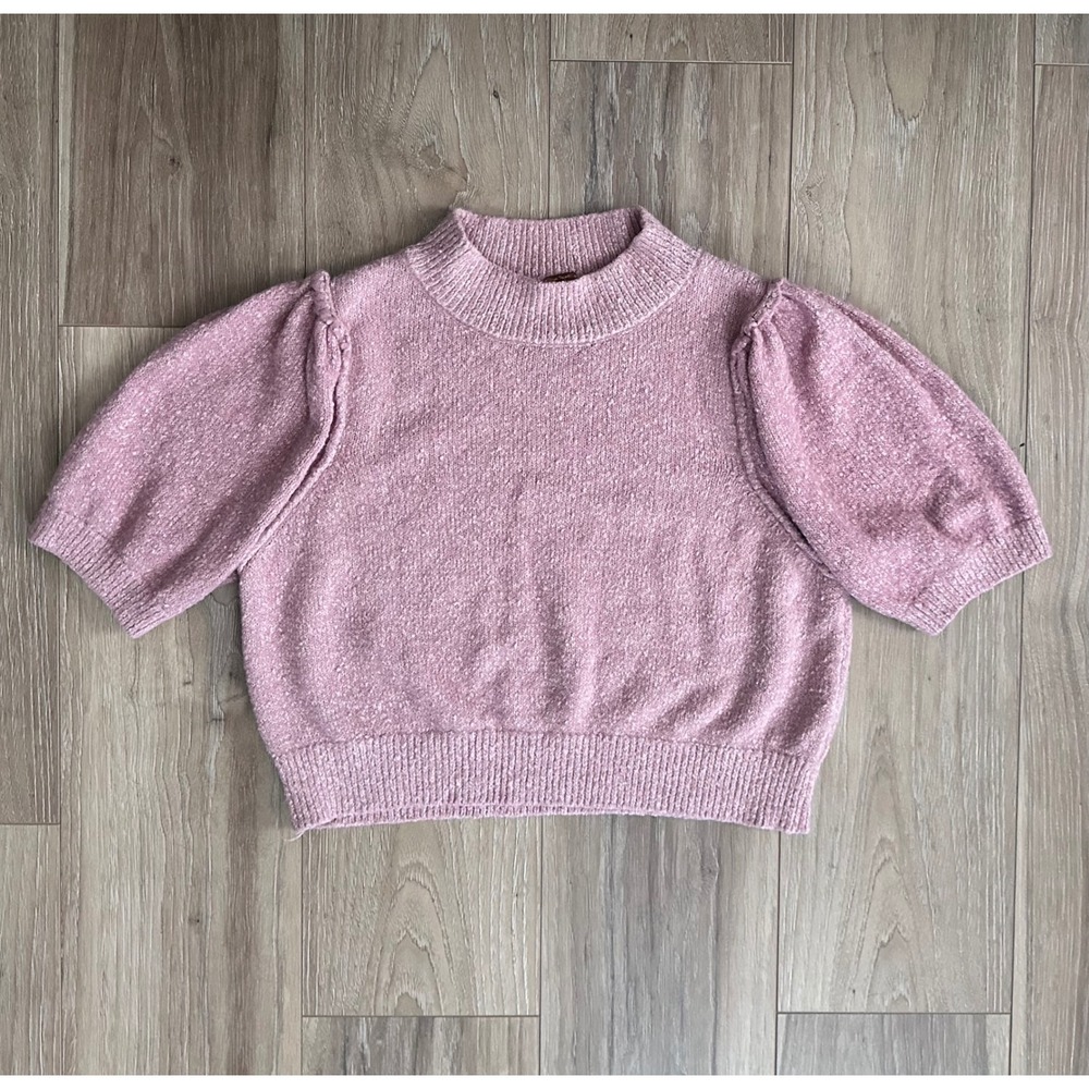 Free People Pink Puff Sleeve Mock Neck Crop Top Sweater Medium Coquette Ballet